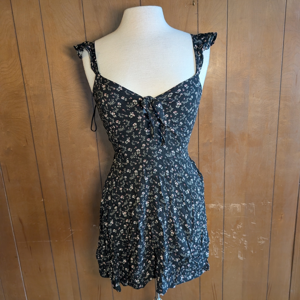 Floral Black Dress with Ruffle Straps